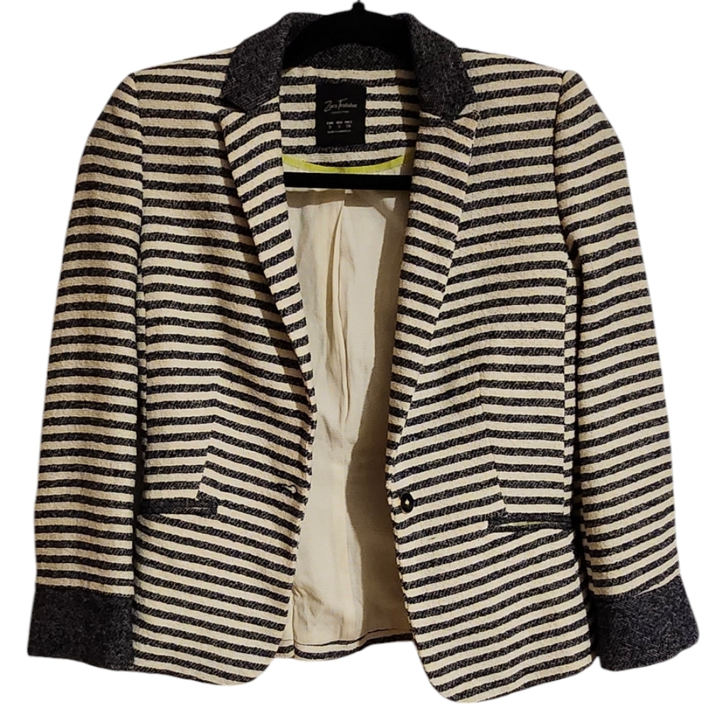 Zara Trafaluc Blazer, Cream and Navy Blue Striped Blazer, Small Business Jacket